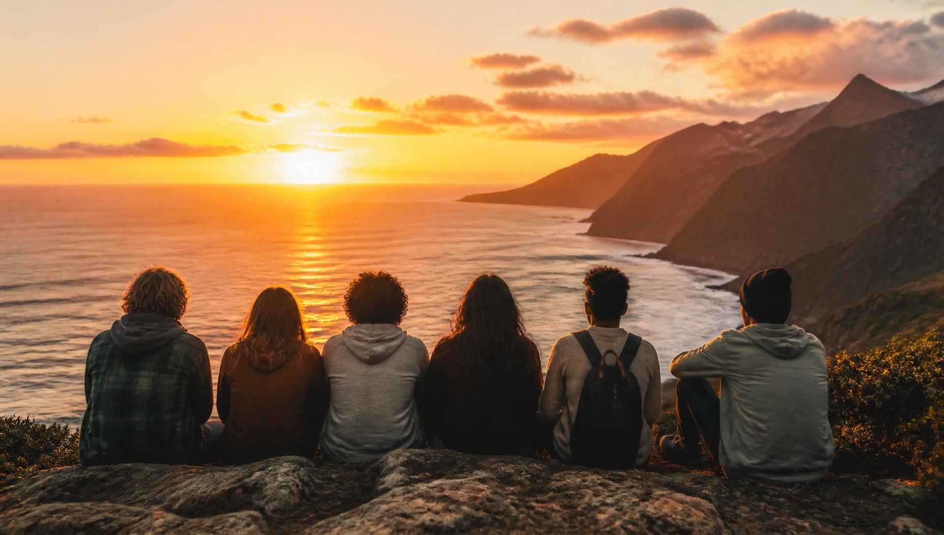 Small group of travellers watching the sunset over the ocean