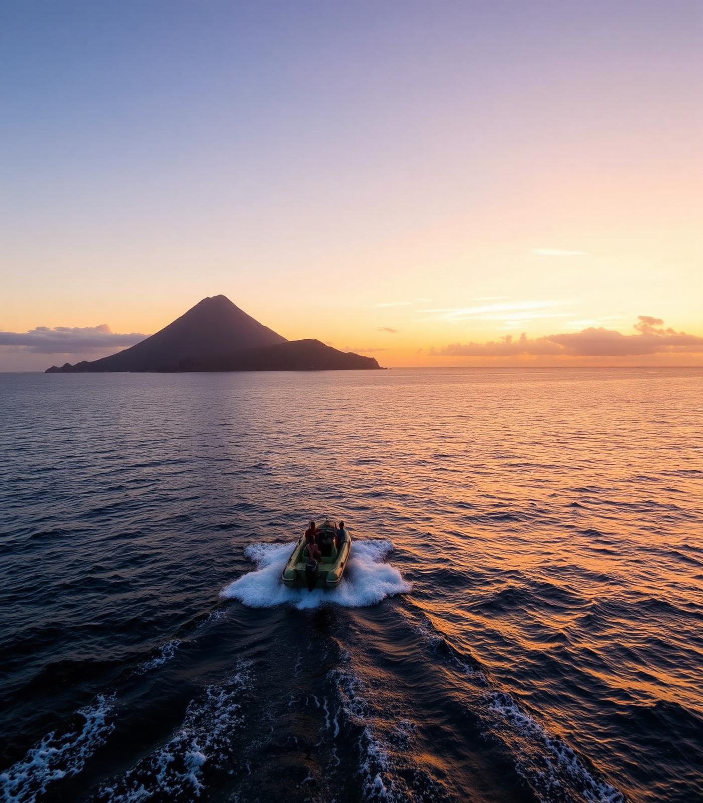 A small RIB heading out to sea at sunrise with Pico volcano in the distance