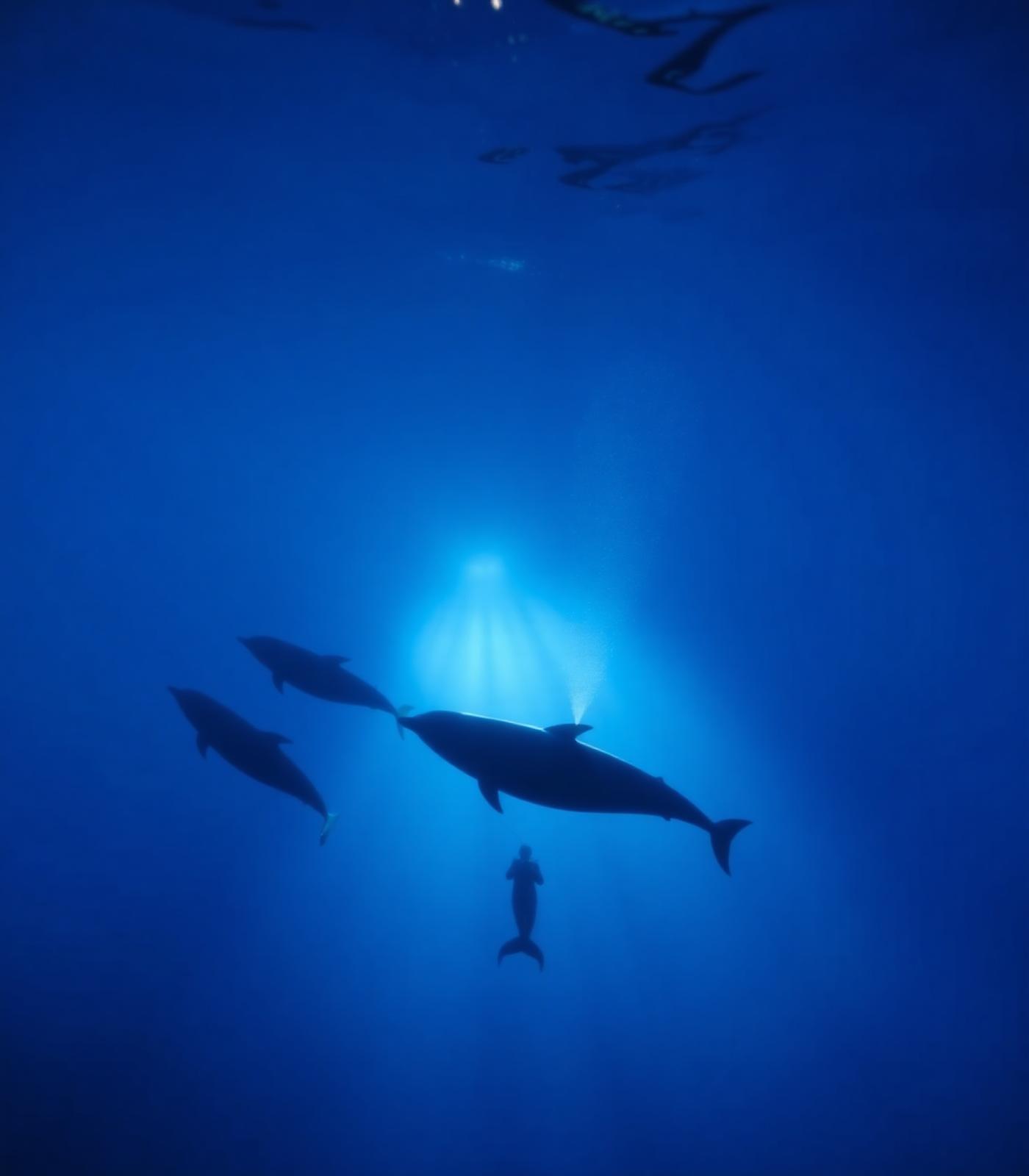 Pilot whales swimming near a freediver in deep blue water