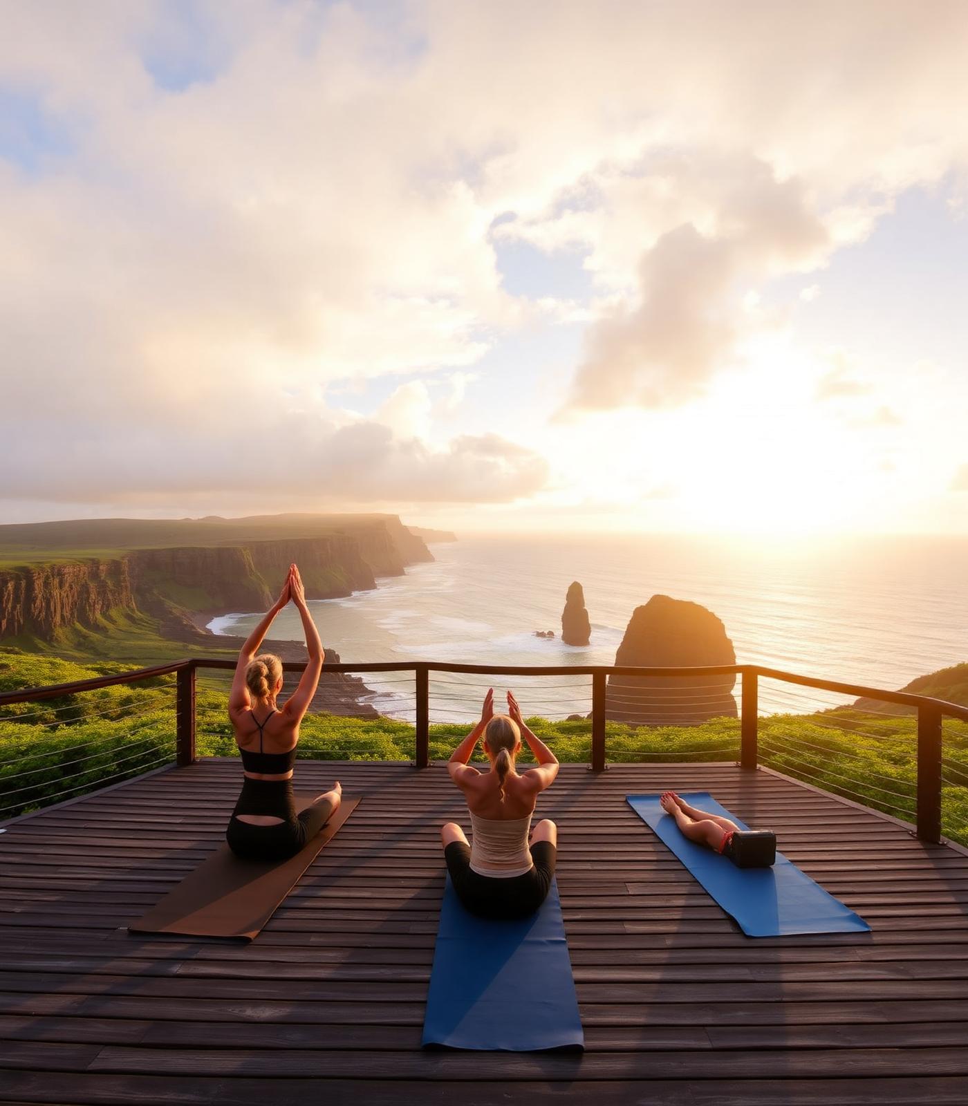 Two people practicing yoga on a wooden deck overlooking the Atlantic at sunrise