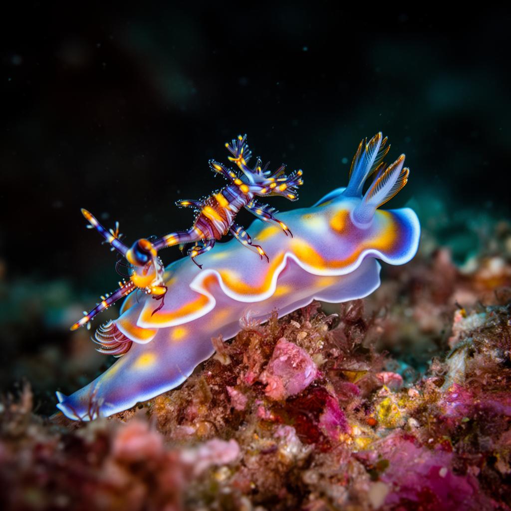 A vivid nudibranch with attendant shrimp on a tropical reef in Indonesia