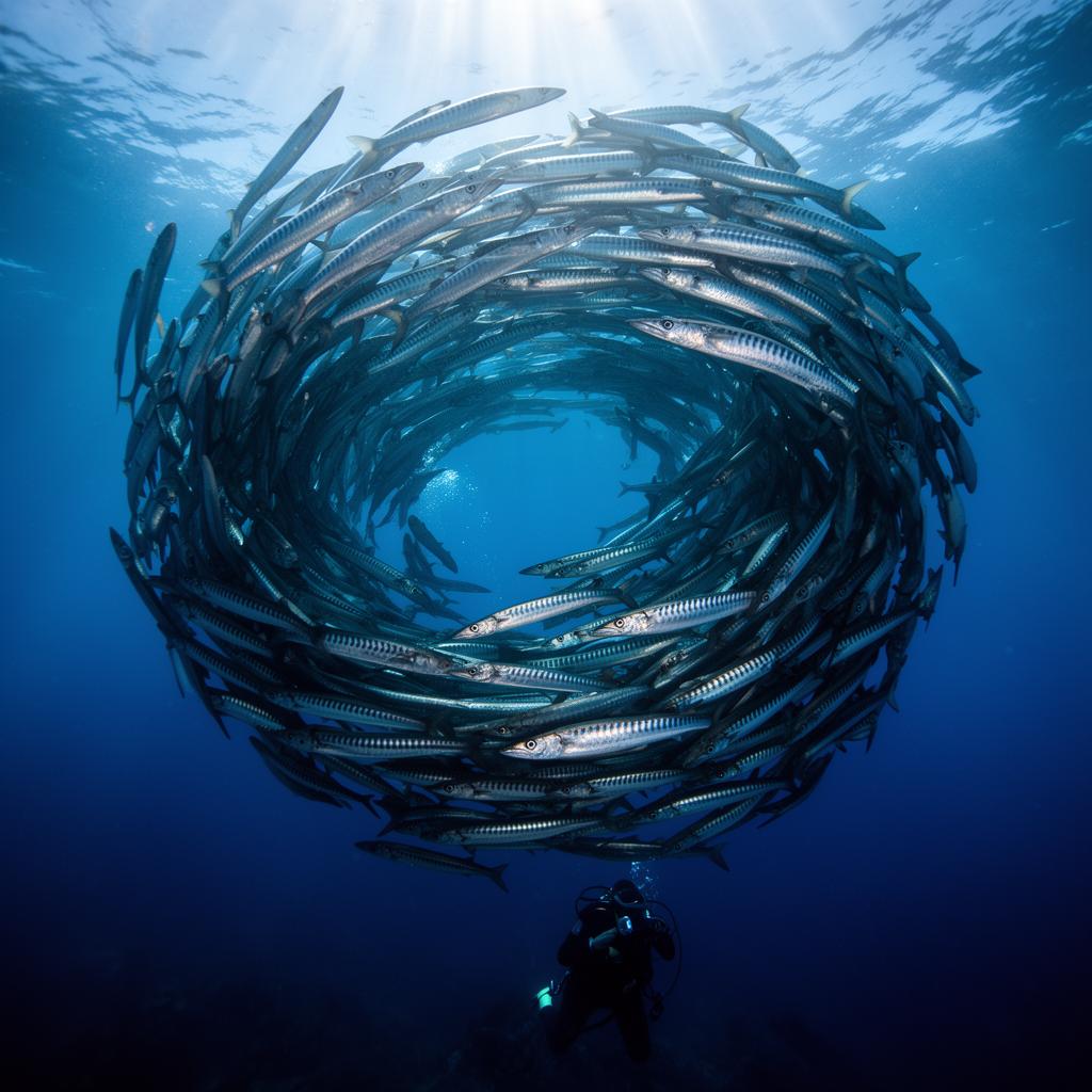 A swirling tornado of barracuda above a single scuba diver in deep blue water