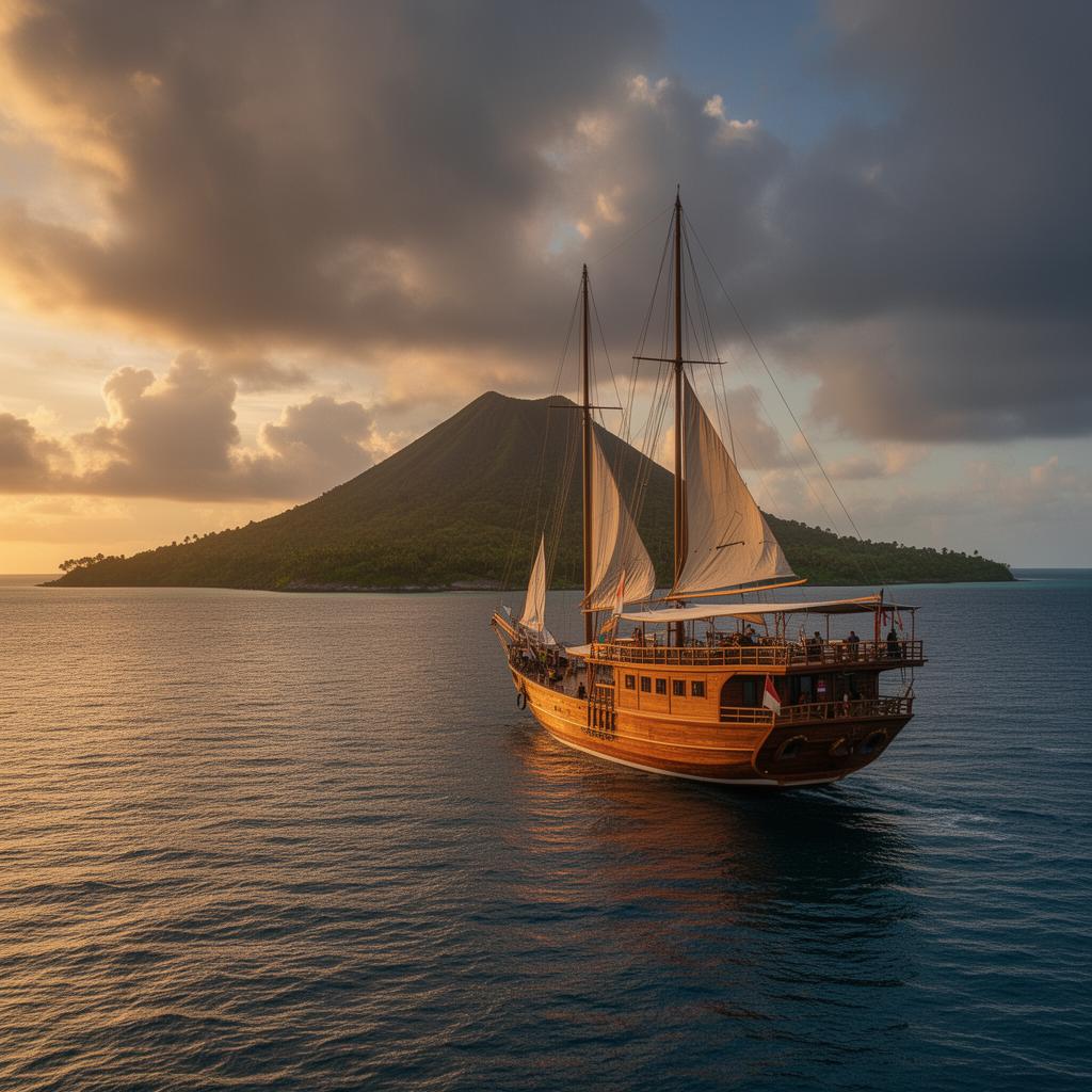 A traditional Indonesian phinisi liveaboard anchored near a volcanic island at sunset