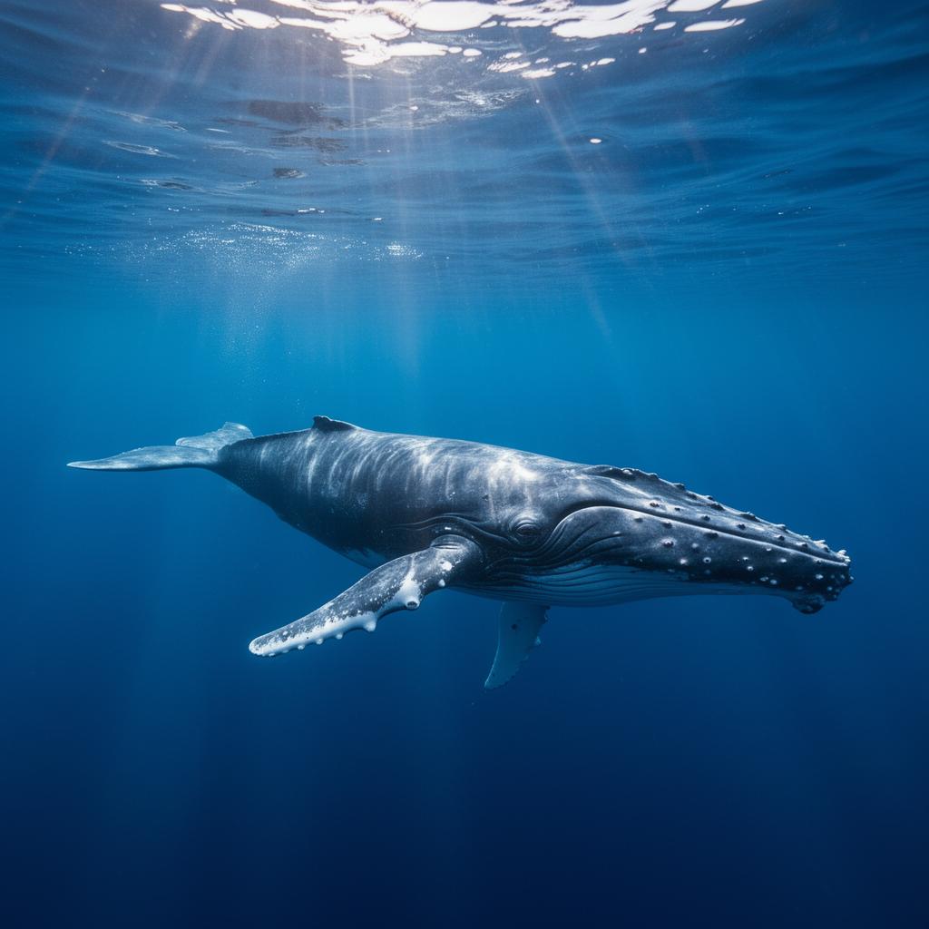 A humpback whale gliding through deep open blue water lit by surface rays