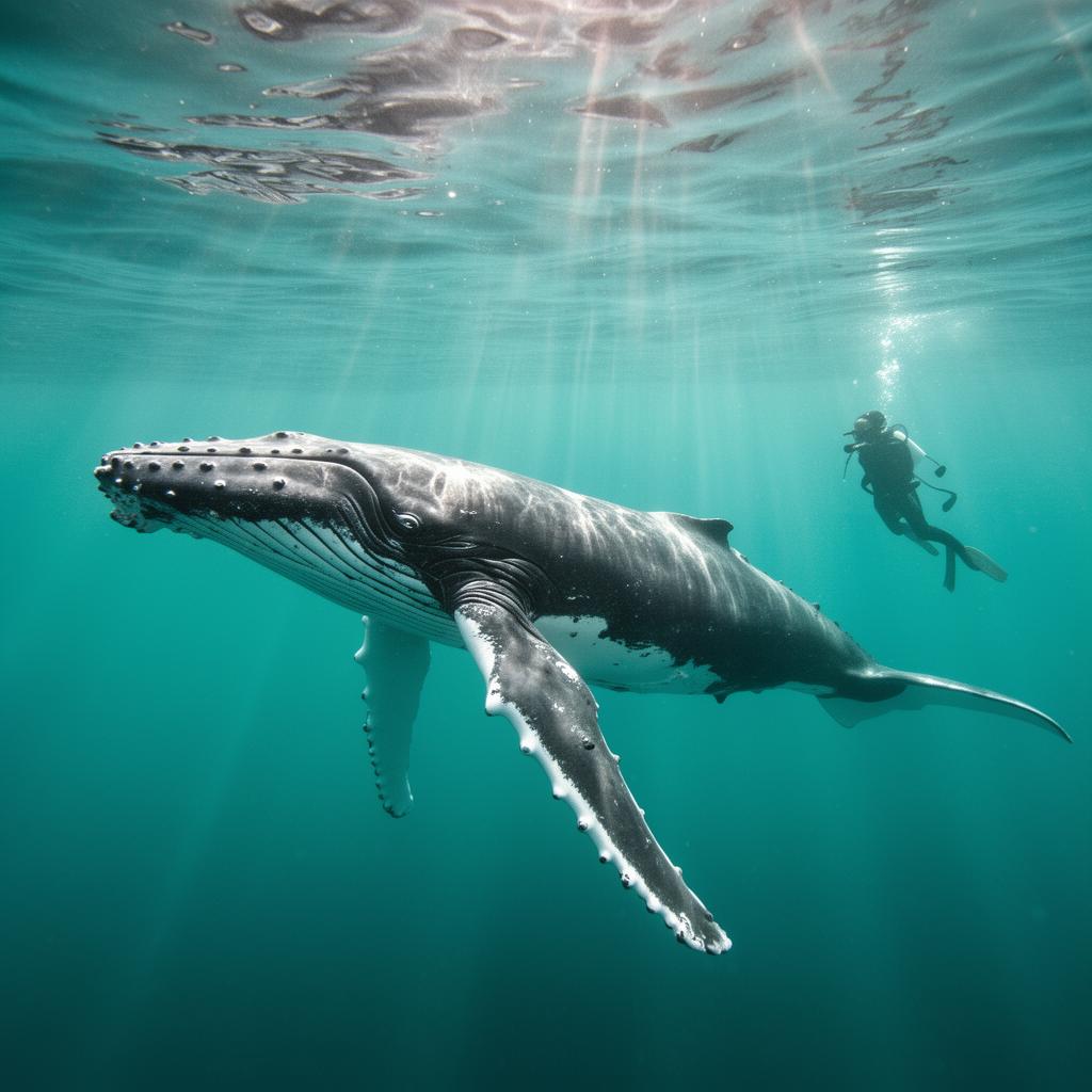 A humpback whale glides through turquoise water with a snorkeler in the distance