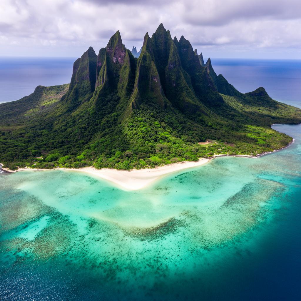 Aerial view of Mo'orea's volcanic peaks rising above a turquoise lagoon and sandbar