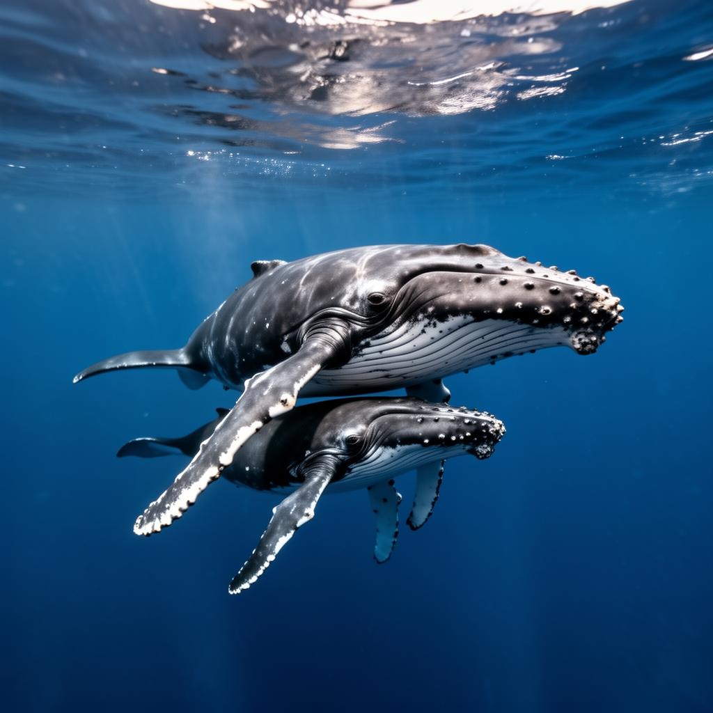 A humpback whale mother and calf swim together in deep blue water