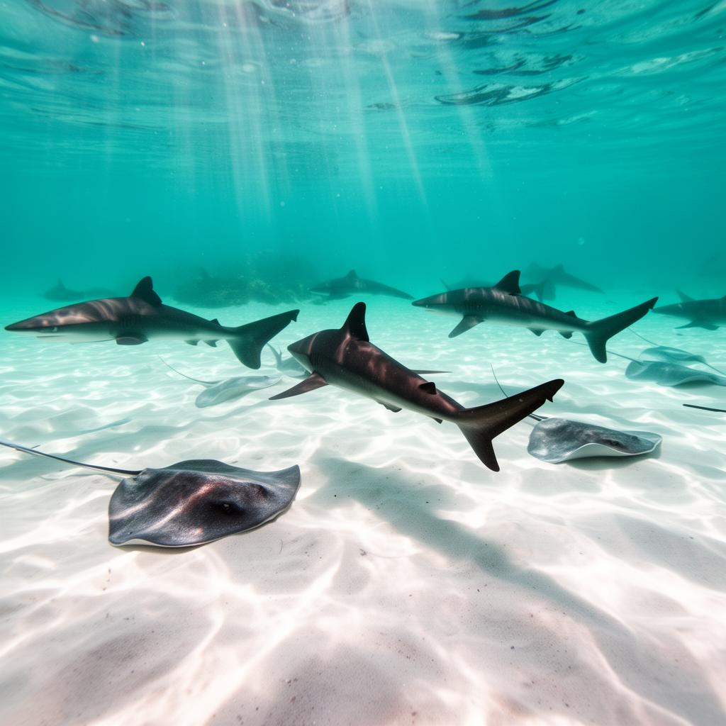 Black-tip reef sharks and stingrays glide over white sand in a turquoise lagoon