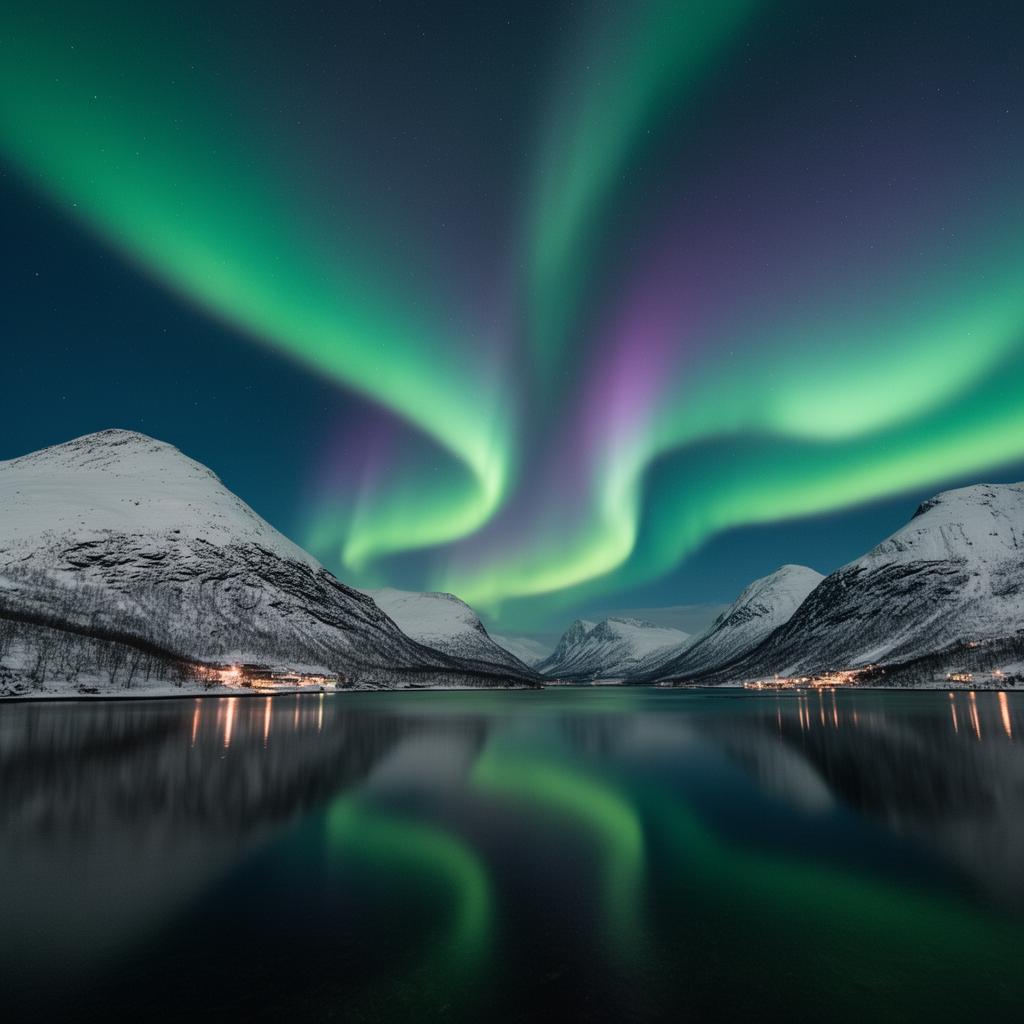 Green and violet aurora ribbons over snowy mountains reflecting on a still fjord