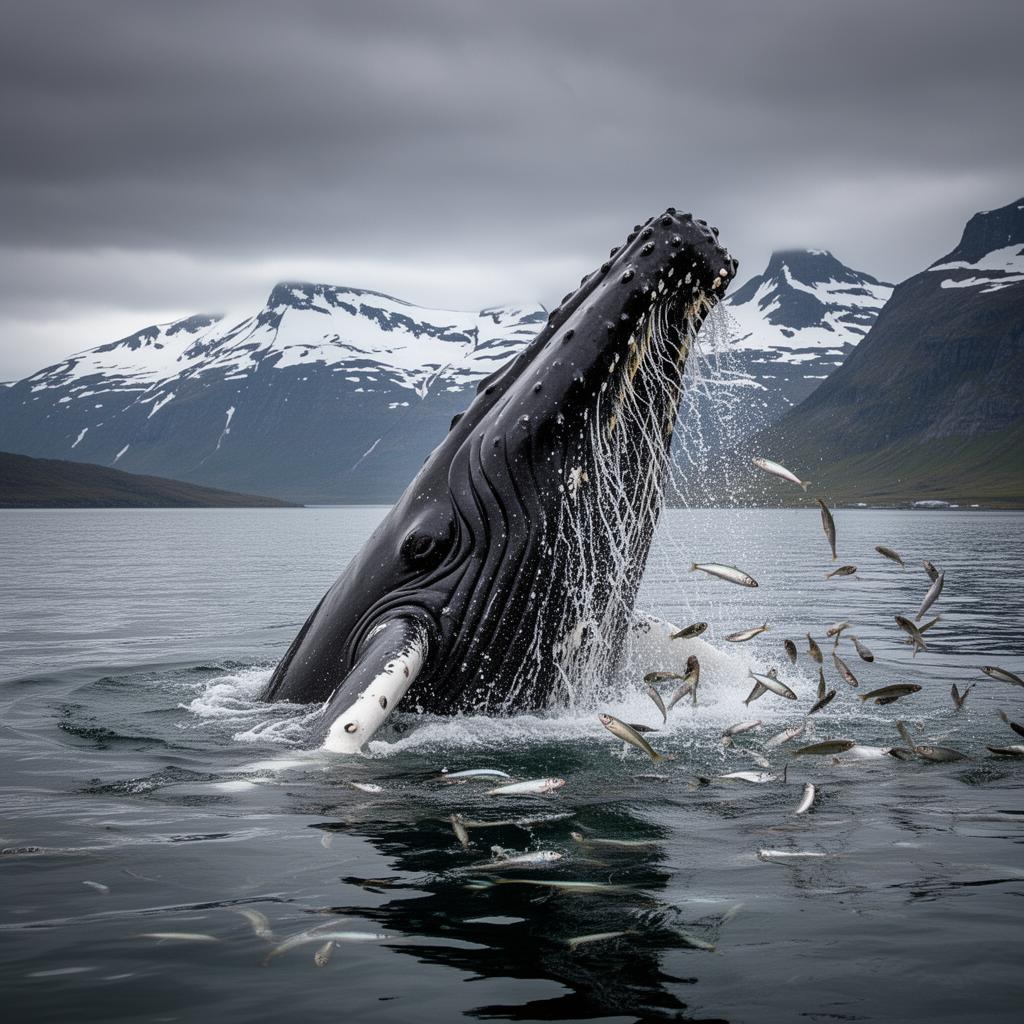 A humpback whale lunges through the surface of a Norwegian fjord, herring scattering