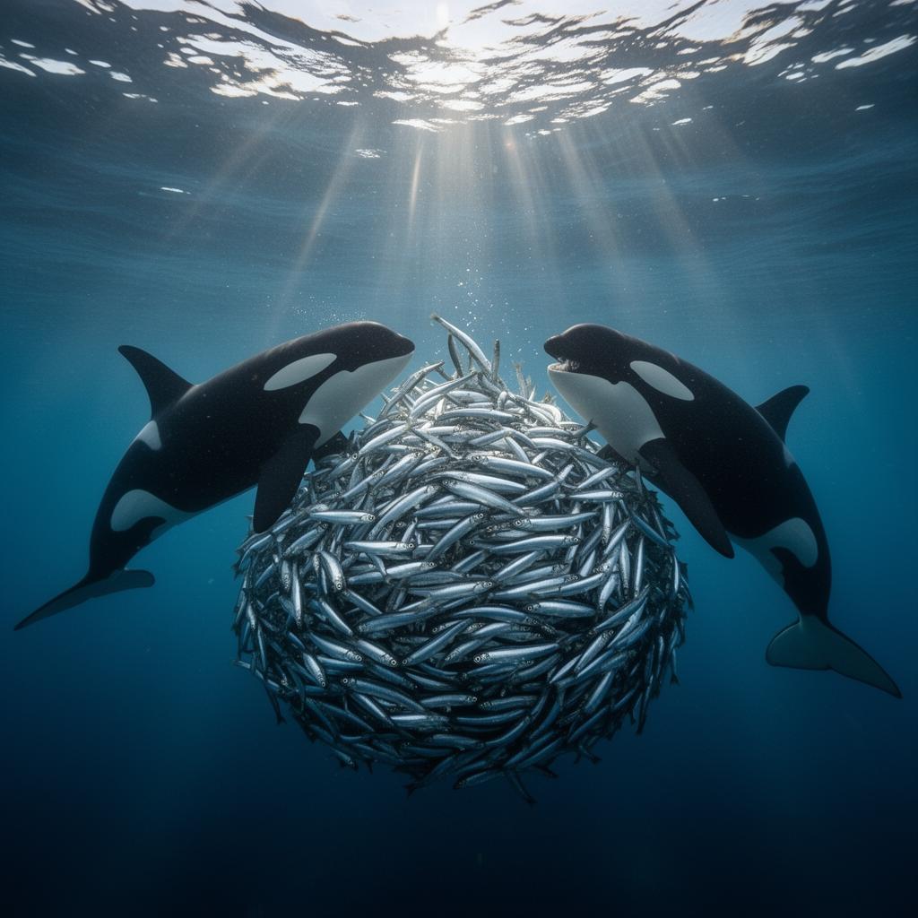 Two orca circle a glowing baitball of herring in deep blue water