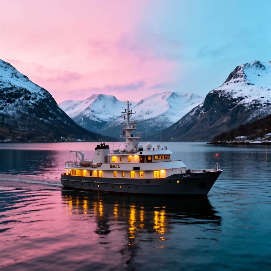 A small white expedition yacht anchored in a Norwegian fjord at pastel twilight